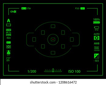 Black and green modern digital camera focusing screen with settings template. Black viewfinder mirrorless, DSLR or cameraphone camera recording. Vector illustration