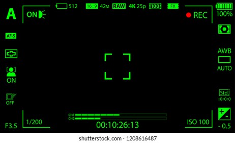 Black and green modern digital camera focusing screen with settings template. Black viewfinder mirrorless, DSLR or cameraphone camera recording. Vector illustration