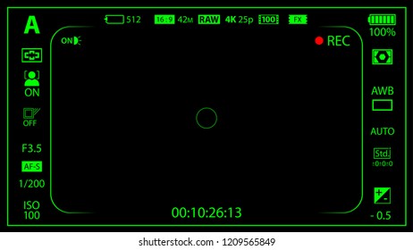 Black and green modern digital camera focusing screen with settings template. Black viewfinder mirrorless, DSLR or cameraphone camera recording. Vector illustration