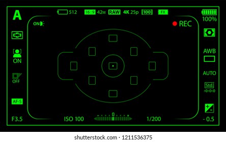 Black and green modern digital camera focusing screen with settings template. Black viewfinder mirrorless, DSLR or cameraphone camera recording. Vector illustration