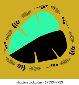 Black and green monstera surrounded by twigs of various plants on mustard color background. Picture for wall and other interior, postcard and phone wallpaper. Vector design
