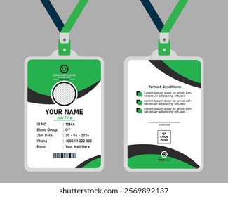 Black and Green Office ID Card Template. Modern 2 side business id card vector template.