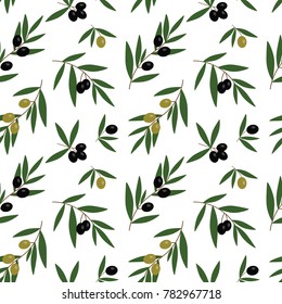 black and green olives branches with green leaves oil pattern on a white background seamless vector.