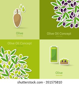 Black and green olives concept. Vector illustration. Olive tree branches stickers. Decoration with olive fruits, branches, leaves. Amphora with olive oil. Tin Can with olive oil and plate with olives