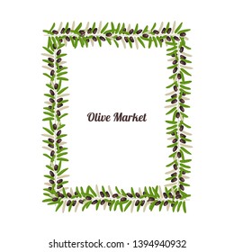Black and green olives frame on white background. Hand drawn vector illustration.