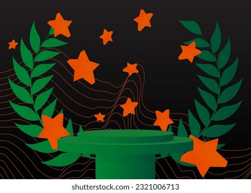 Black, green and orange mockup product display. Abstract vector 3d cylinder pedestal podium for presentation. Minimal geometric stage showcase.