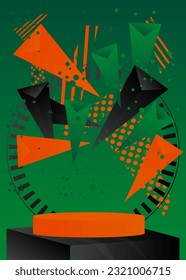 Black, green and orange mockup product display. Abstract vector 3d cylinder pedestal podium for presentation. Minimal geometric stage showcase.