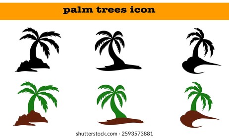 Black and green palm trees set isolated on white background. Black palm tree set vector illustration on white background silhouette. Palm trees silhouettes