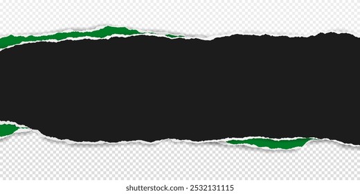 Black, green piece of paper with torn edges and soft shadow are on transparent background for text or ad.