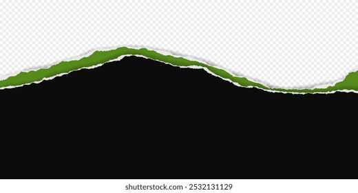 Black, green piece of paper with torn edges and soft shadow are on transparent background for text or ad.