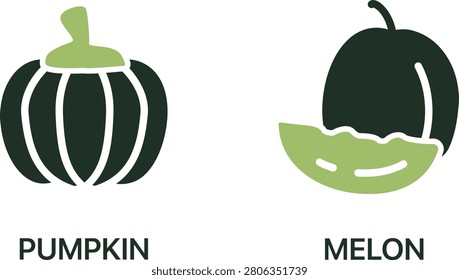 Black and green pumpkin and melon simple vector icon illustration