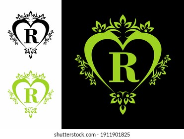 Black green R initial letter in love shape design