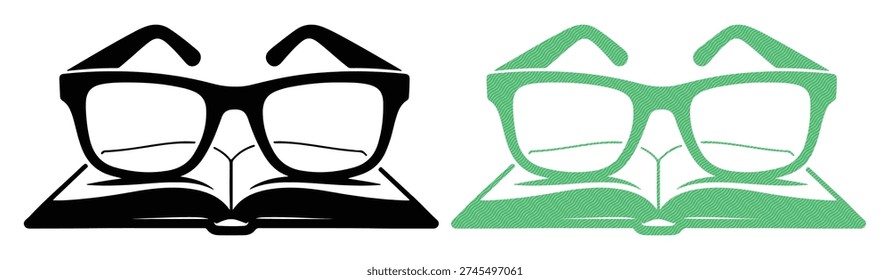 Black and green reading glasses resting on an open book, isolated on a white background