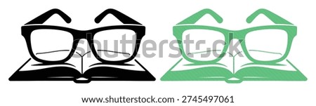Black and green reading glasses resting on an open book, isolated on a white background