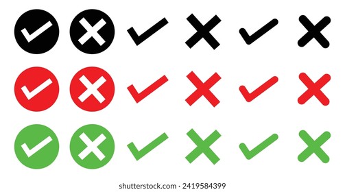 Black, Green, red check mark, cross mark icon set. Isolated tick symbols, checklist signs, approval badge. Flat and modern checkmark design, vector illustration.