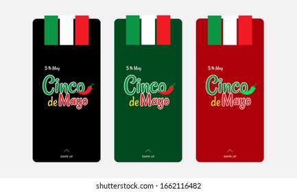 Black, green, red Cinco de Mayo or Fifth of May holiday social media story templates, decorated with a pepper and flag of Mexico. Mexican-American culture and traditions. Blogging and advertising.