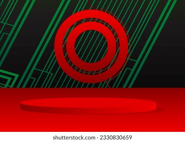 Black, green and red cylinder pedestal podium. Abstract stage showcase for presentation. Vector 3D mockup product display.