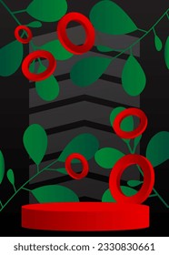 Black, green and red cylinder pedestal podium. Abstract stage showcase for presentation. Vector 3D mockup product display.