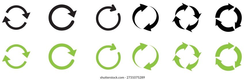 Ícones de seta de atualização em preto e verde.