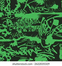 	
Black and green seamless grunge pattern for boy textile, sport urban clothes. Grunge graffiti texture, repeat print. Street art wall repeated ornament. Vector background