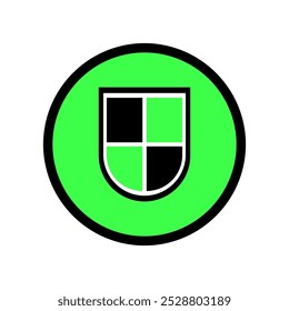 black and green shield icon with circle background behind it. shield illustration. black and green shield. shield vector. white background isolation