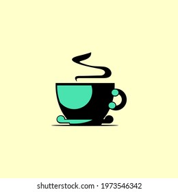 black and green silhouette vector design of a cup of coffee, on a yellow background, icon, art, illustration