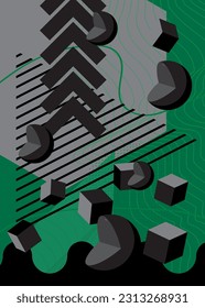 Black and green Simple volumetric vector background. Busy geometrical shapes banner, poster. Vibrant retro geometric cartoon graphic art illustration.