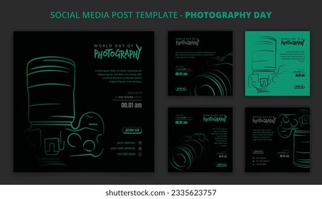 Black green social media post template with line art of camera design for photography day campaign