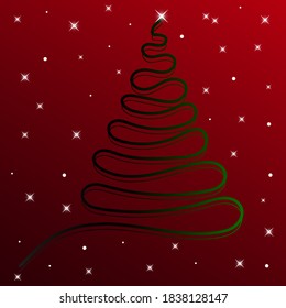 Black and green spruce in the form of a snake on a red and black background with white glowing stars and circles. Illustration.