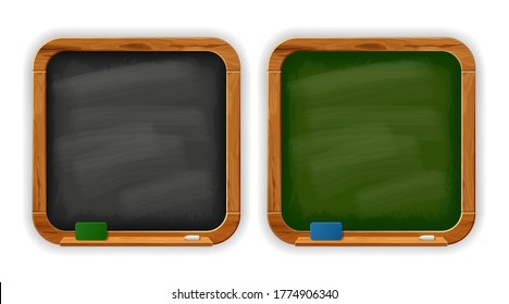 Black and green square school blackboards with chalk and sponge. Wooden frame with rounded corners. Graphic element for any school designs and concepts. Vector illustration.