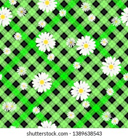 Black and green tartan plaid and daisy flowers pattern on checkered background for textile eps 10