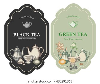 Black and green tea design vintage labels, tea template vector illustration 