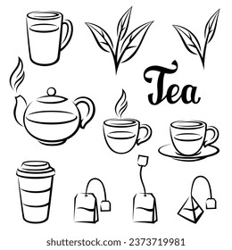 Black or green tea items set. Illustration with tea and accessories, packs and kettles.