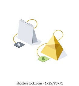 Black and green tea packs. Vector 3d isometric, color web icon, new flat style. Creative illustration design, isolated graphic idea for infographics.