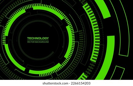 Black and green technology background with futuristic cyber HUD circular structure elements. Vector illustration