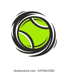 Black and green tennis ball logotype. Stylized round orb on white background. Best for logo creating and branding design.