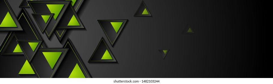 Black and green triangles abstract geometric graphic banner design. Dark tech futuristic background. Vector illustration