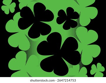 Black and green vector pattern with shamrocks. Floral design element. For St. Patrick's Day, cards, packaging, covers, textile prints. Floral striped vector background.