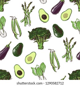 Black and green vegetables. Vegan seamless pattern with avocado, bean string, asparagus, broccoli, pak choi and eggplant. Eco vegetarian food design. Hand drawn outline illustration with fill color.