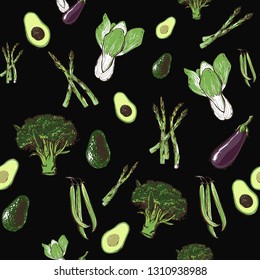 Black and green vegetables. Vegan seamless pattern with avocado, bean string, asparagus, broccoli, pak choi and eggplant. Eco vegetarian food design. Hand drawn outline illustration black background