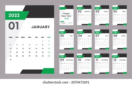 black and green wall calendar 2022, start with Monday. 