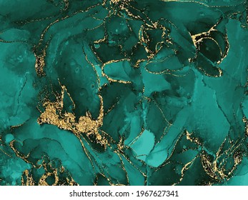 Black and green watercolor background with gold glitter. Watercolor alcohol ink splash, liquid flow texture paint, malachite gemstone, wallpaper . Vector illustration