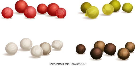 Black, green, white, and pink peppercorns. Vector flat illustration