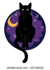 Black green-eyed cat sitting on a background of night sky with moon and stars, isolated on white, vector illustration