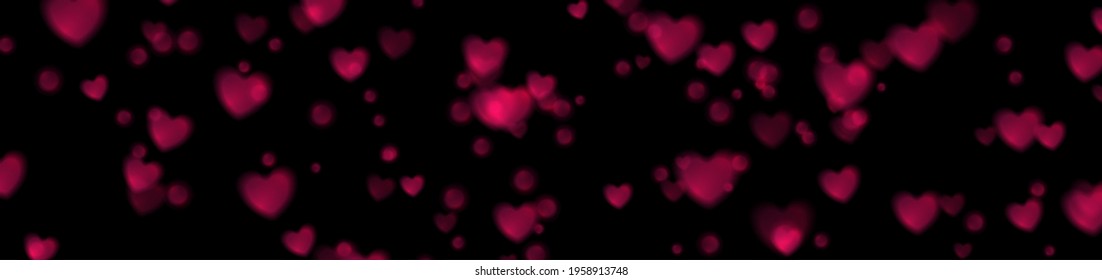 Black greeting card banner with purple shiny glowing hearts with bokeh effect. St Valentines Day vector background