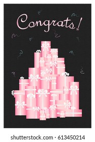 black greetings card with many pink gift boxes, vertical