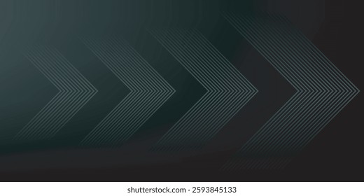 Black grey abstract background with glowing arrow lines, technology, futuristic concept. Modern glossy grey geometric lines design. Horizontal banner template suitable for cover, header, poster.
