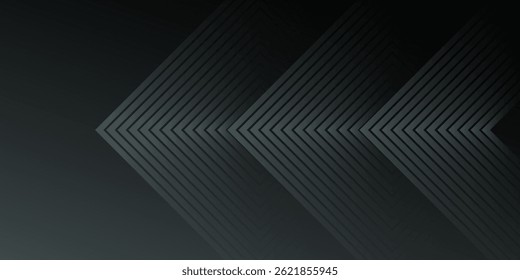 Black grey abstract background with glowing arrow lines, technology, futuristic concept. Modern glossy grey geometric lines design. Horizontal banner template suitable for cover, header, poster.