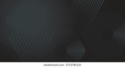 Black grey abstract background with glowing arrow lines, technology, futuristic concept. Modern glossy grey geometric lines design. Horizontal banner template suitable for cover, header, poster.