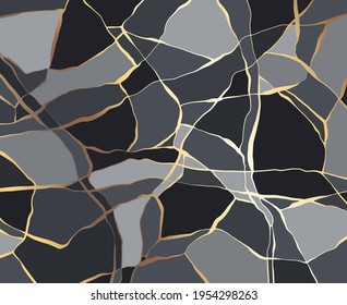 Schwarz und Grau abstraktes Marmor-Design, minimaler kintsugi Art Stil. Luxuriöser Riss-Boden mit goldenem Farbverlauf, abstrakte Naturlandschaft. 